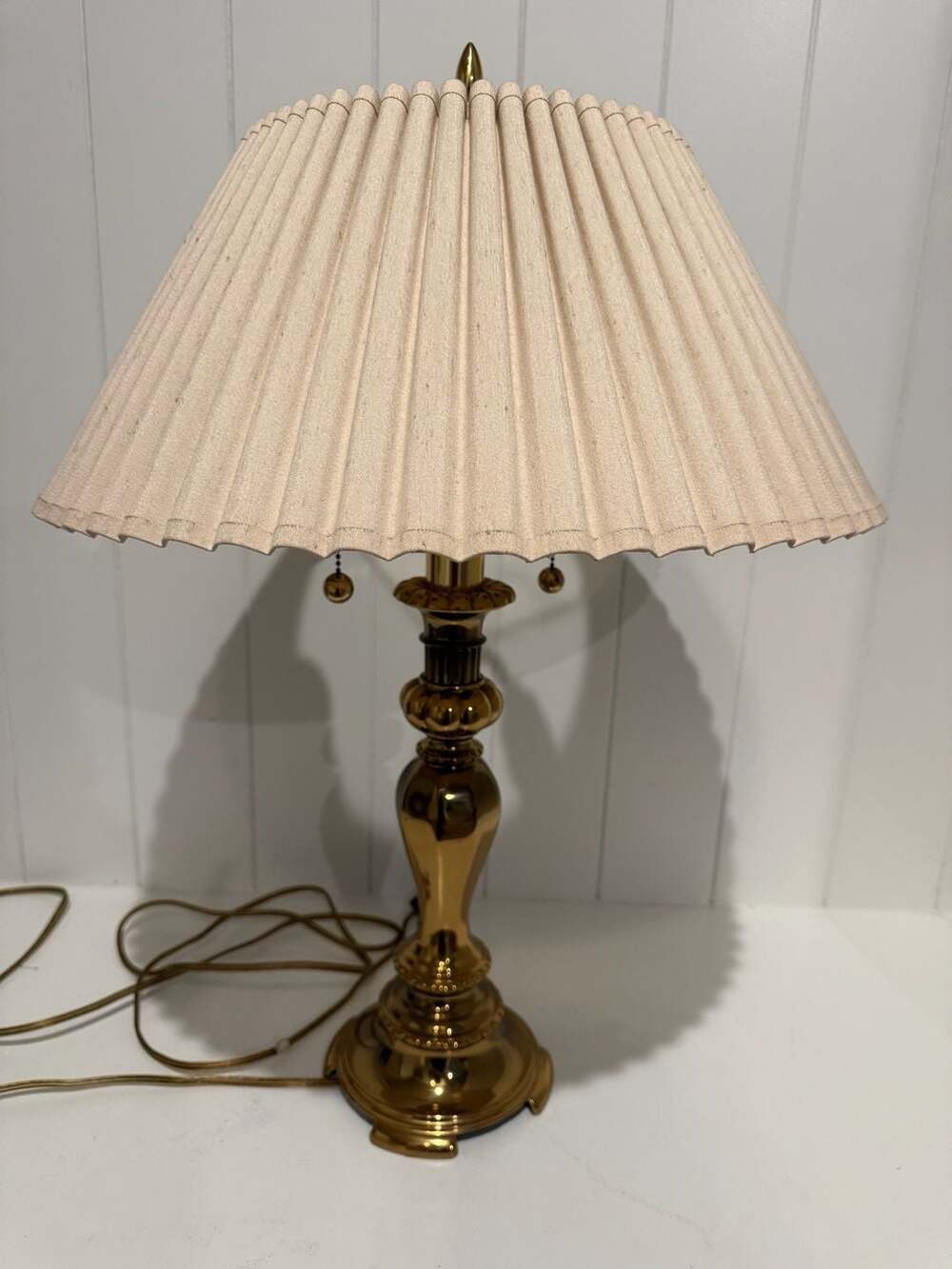 Vintage Brass Table Lamp with Accordion Pleated Shade and Double Pull Chain